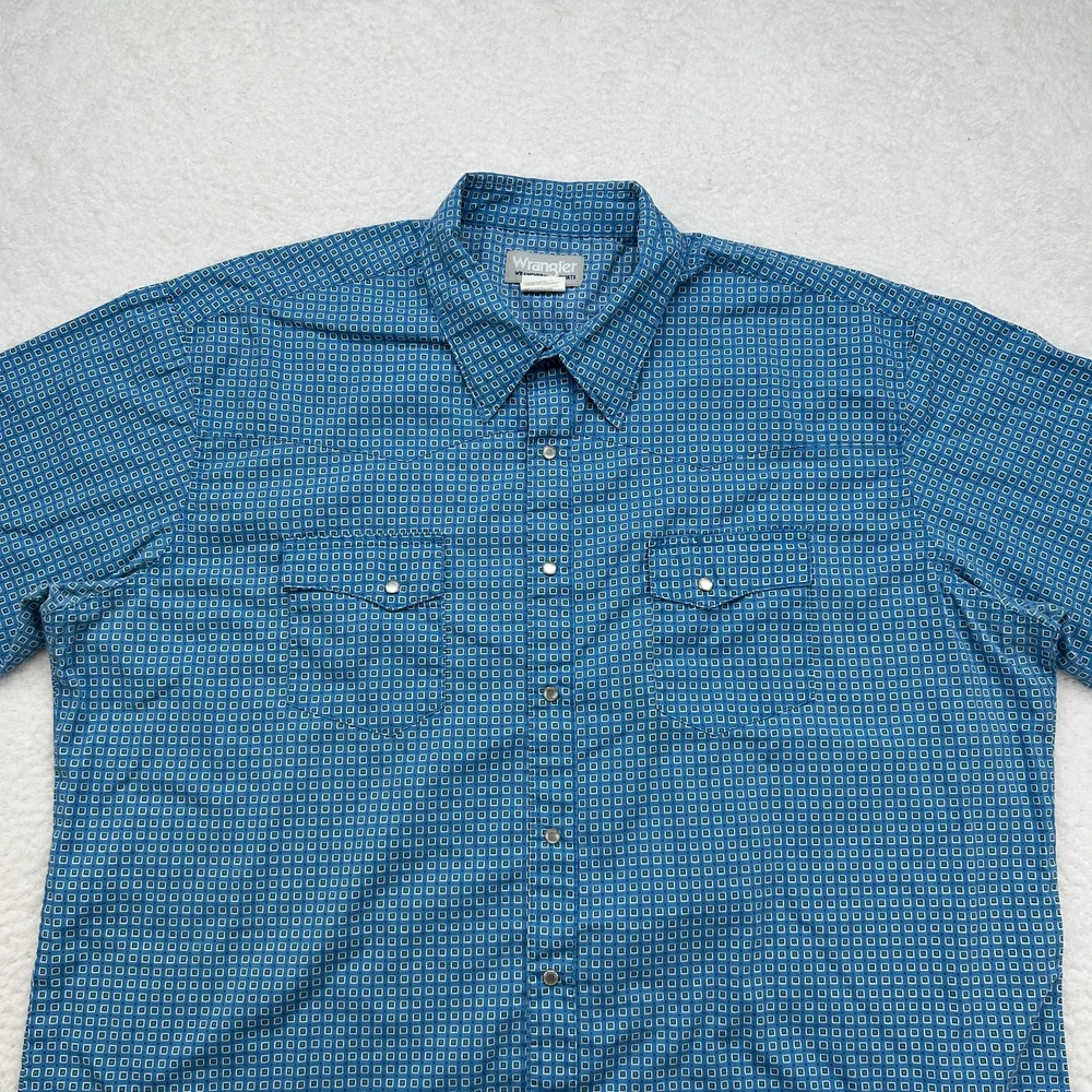 Wrangler Wrancher Shirt Mens 2XT Blue Western Pearl Snap Short Sleeve MTW1446